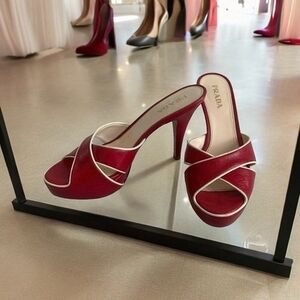 Prada Vitello Raspberry Beige Leather Platform Peep Toe High Heel Sandals